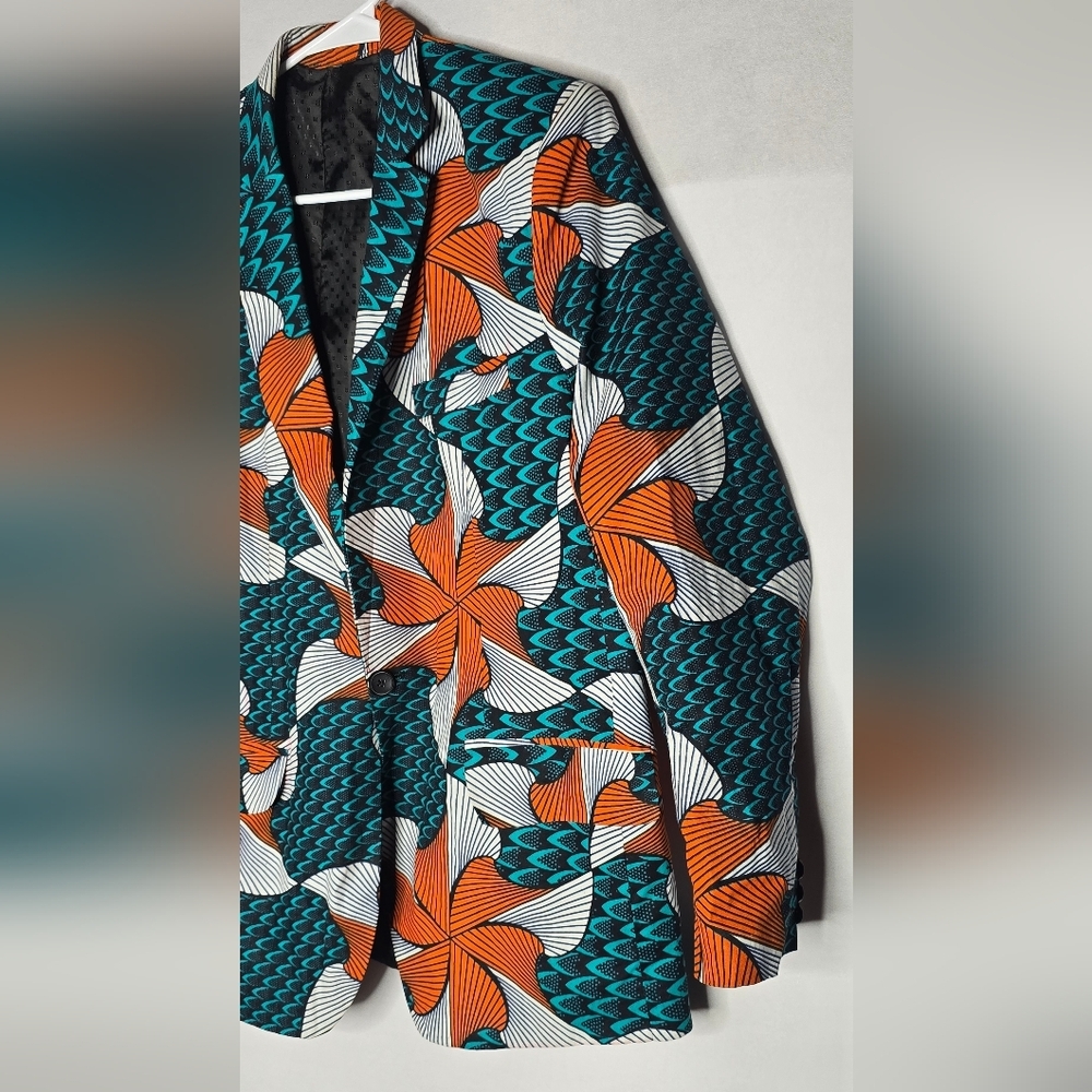 Afrocentric Womens Single Button Closure Blazer Orange and Teal Size L - Picture 2 of 8